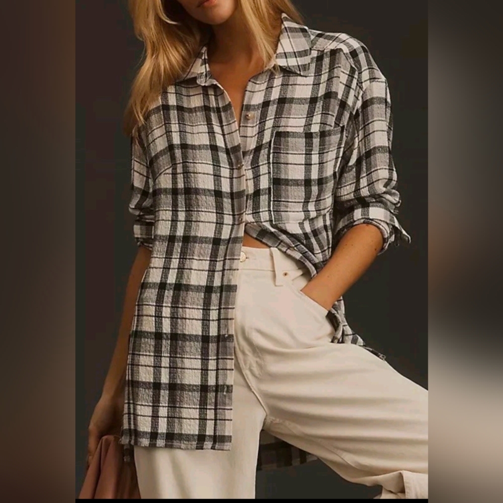 Pilcro Anthropology Oversized Longline Flannel Shirt Gray Black Button 2X